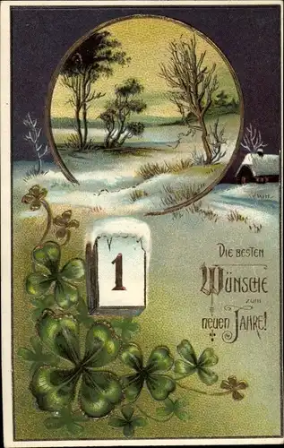 Präge Litho Glückwunsch Neujahr, Winterlandschaft, Kleeblätter, Kalender