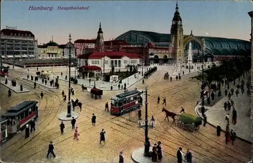 Ak Hamburg Mitte Altstadt, Blick auf den Hauptbahnhof, Straßenbahn, Kutsche