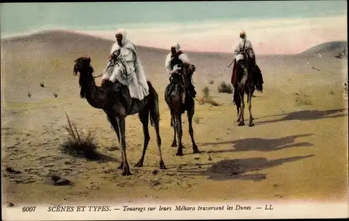 Ak Scenes et Types, Touaregs sur leurs Mehara traversant les Dunes, Kamele, Maghreb