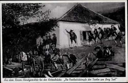 Künstler Ak Die Freiheitskämpfe der Tiroler am Berg Isel, Riesen Rundgemälde, Buchhütte, Thalgutter