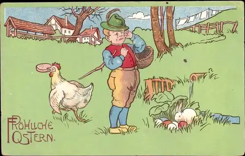 Ak Glückwunsch Ostern, weinender Junge, Osterhase, Ostereier, Huhn