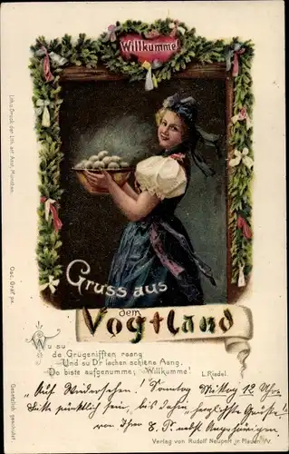 Ak Vogtland, Frau in Tracht, Klöße