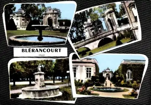 Ak Blérancourt Aisne, Brunnen, Garten, Schloss, Ortsansichten