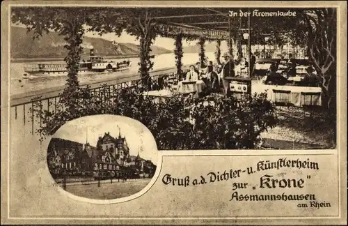 Ak Assmannshausen Rüdesheim am Rhein, Dichter- und Künstlerheim zur Krone, Kronenlaube