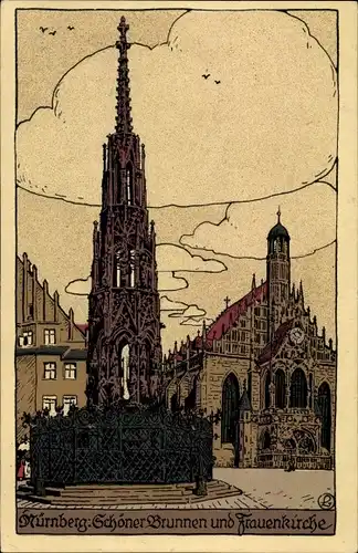 Steindruck Ak Nürnberg in Mittelfranken Bayern, Schöner Brunnen, Frauenkirche