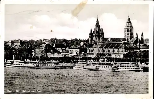 Ak Mainz am Rhein, Stadthalle und Dom, Salondampfer