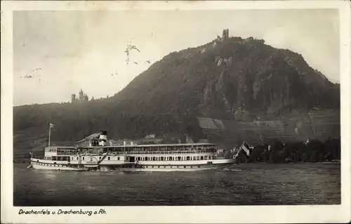 Ak Königswinter am Rhein, Rheinblick mit Dampfer Rheinland, Drachenburg, Drachenfels