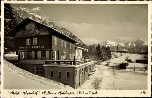 Ak Haller am Haldensee Nesselwängle Tirol, Hotel Alpenhof, Rote Flüh, Hahnenkamm,Gaichtspitze,Winter