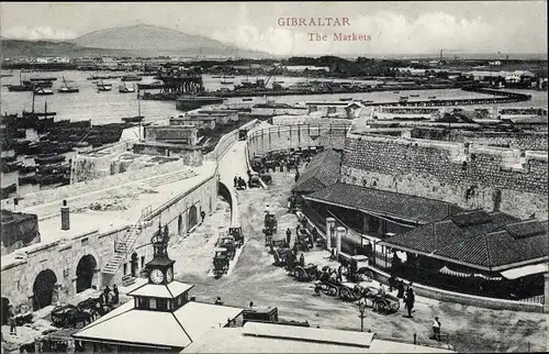 Ak Gibraltar, The Markets, Partie an den Märkten, Hafen, Schiffe