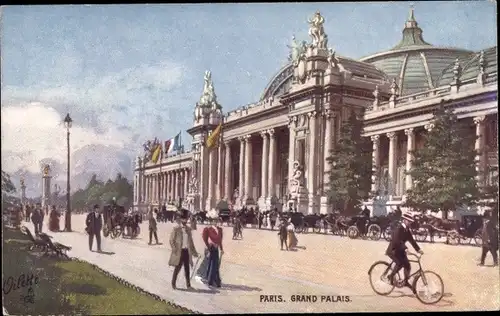 Ak Paris VIII, Grand Palais, vue de face, cycliste, piétons