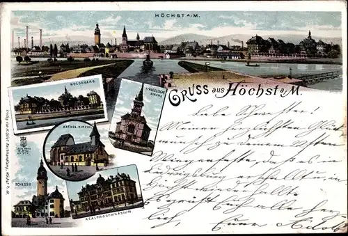 Litho Höchst Frankfurt am Main, Realprogymnasium, Kirchen, Schloss, Blick auf den Ort