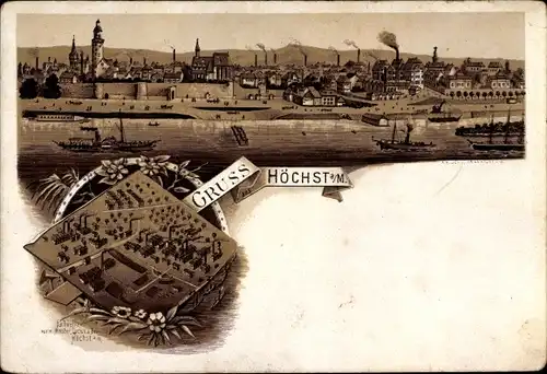 Litho Höchst Frankfurt am Main, Fabrikgelände, Blick auf den Ort