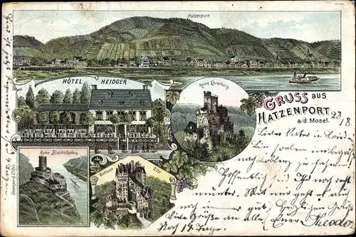 Litho Hatzenport an der Mosel, Ruine, Hotel Heidger, Schloss Eltz, Blick auf den Ort