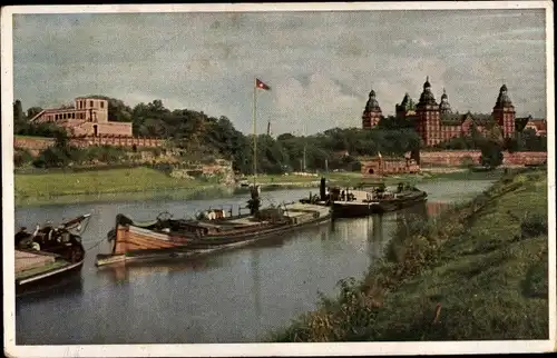 Ak Aschaffenburg Unterfranken Bayern, Uferpartie, Pompejanum, Schloss, Frachter