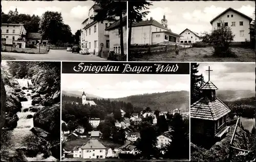 Ak Spiegelau im Bayerischen Wald Niederbayern, Panorama, Kirche, Ortschaft, Bach