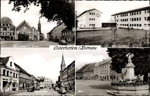 Ak Osterhofen in Niederbayern, Stadtplatz, Hauptstraße, Neue Schule, Kirche