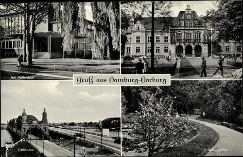 Ak Hamburg Harburg, Hallenbad, Rathaus, Elbbrücke, Schulgarten