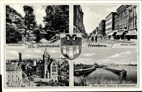 Ak Hamborn Duisburg im Ruhrgebiet, Jubiläumshain, Rathaus, Post, Brücke, Wappen