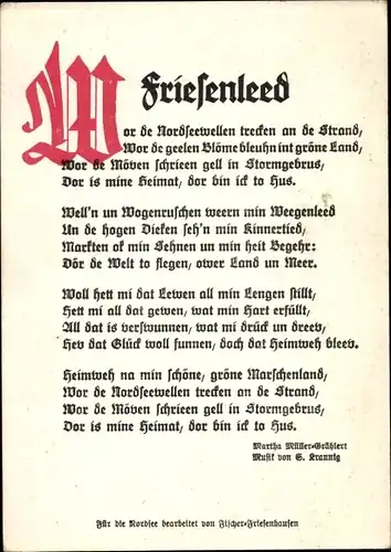 Lied Ak Friesenleed, Wor de Nordseewellen trecken an de Strand, Martha Müller Grählert