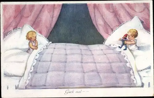 Ak Kinder im Bett, Kasper, Guck mal