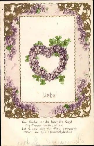 Präge Litho Allegorie, Liebe, Veilchen, Herz, Kleeblätter