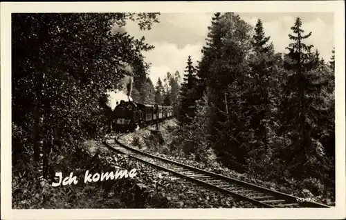 Ak Ich komme, Deutsche Eisenbahn, Dampflok im Wald