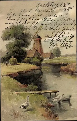 Litho Landschaft mit Windmühle, Enten am Fluss, Vom Lebenswege