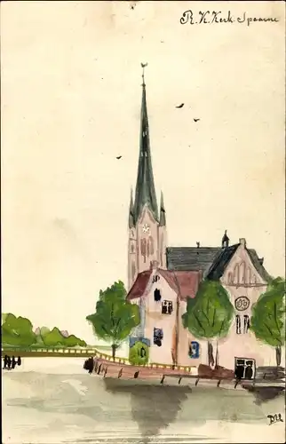 Handgemalt Ak Nordholland, R. K. Kerk, Spaarne