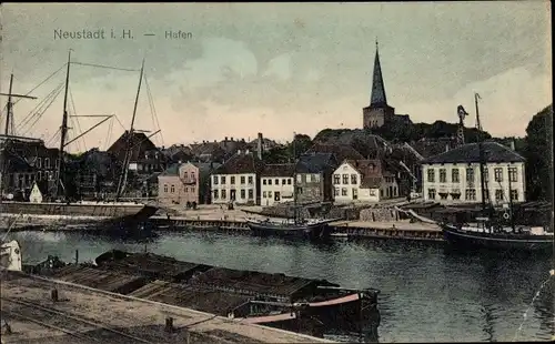 Ak Neustadt in Holstein, Blick auf den Ort mit Hafen, Lastkahn