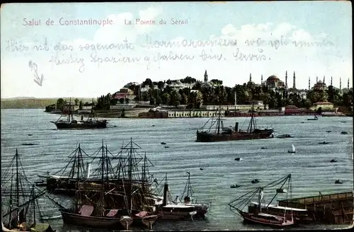 Ak Konstantinopel Istanbul Türkei, La Pointe du Serail, Hafenpartie, Segelschiffe, Dampfer