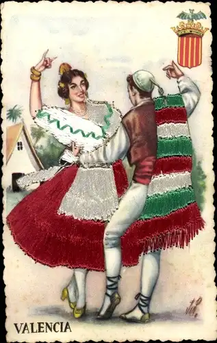 Stoff Ak Valencia Spanien, Tanzendes Paar, gestickte Spanische Tracht, Wappen