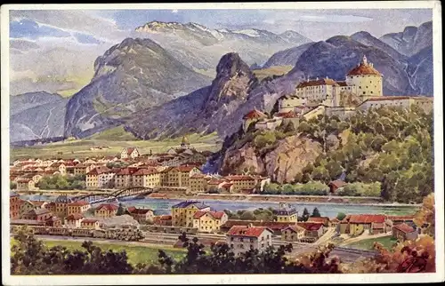 Künstler Ak Kufstein in Tirol, Ortschaft, Burg, Kaisergebirge