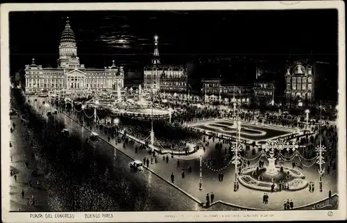 Ak Buenos Aires Argentinien, Plaza del Congreso, panorama, noche