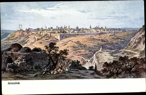 Künstler Ak Perlberg, F., Jerusalem Israel, Panorama, Stadtmauer