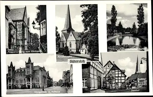 Ak Gütersloh in Westfalen, Botanischer Garten, Domhof, Königstraße, Rathaus, Apostelkirche