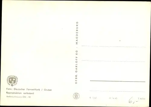 Ak Unser Sandmännchen, Sandmann, DDR Kinderfernsehen, Wecker, Pilz, Tasche, S 8/63