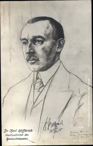 Künstler Ak Dr. Karl Helfferich, Staatssekretär des Reichsschatzamtes, Portrait