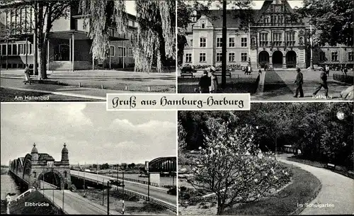 Ak Hamburg Harburg, Hallenbad, Rathaus, Elbbrücke, Schulgarten