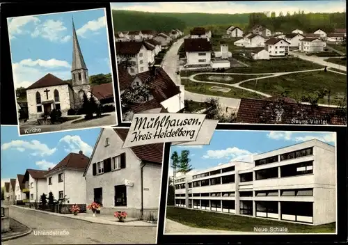 Ak Mühlhausen im Kraichgau Baden, Kirche, Neues Viertel, Neue Schule, Uhlandstraße