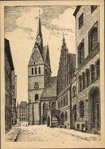 Künstler Ak Ebert, Karl, Hannover in Niedersachsen, Marktkirche mit Rathaus rechts