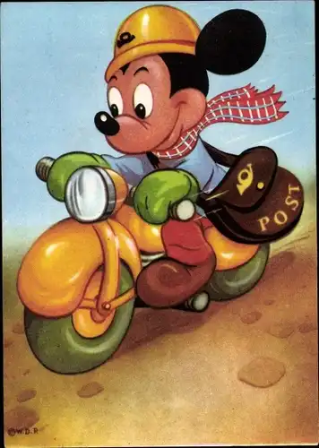 Künstler Ak Walt Disney, Comic, Micky Maus als Postbote auf Motorrad