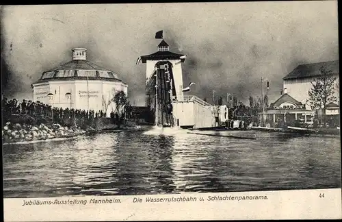 Ak Mannheim in Baden, Gartenbau Ausstellung, Wasserrutschbahn, Schlachtenpanorama, 1907