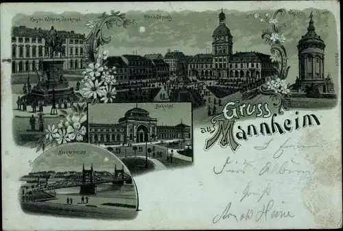 Mondschein Litho Mannheim, Kaiser Wilhelm Denkmal, Paradeplatz, Wasserturm, Neckarbrücke