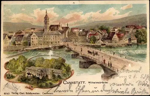 Litho Cannstatt Stuttgart, Blick über die Wilhelmsbrücke zur Stadt