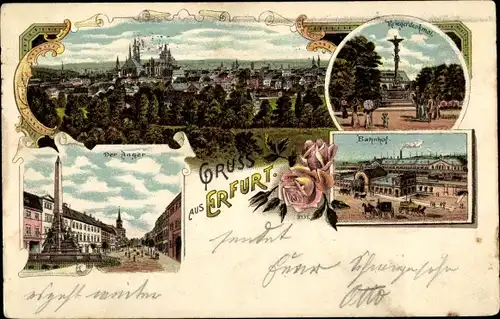 Litho Erfurt in Thüringen, Panorama, Kriegerdenkmal, Bahnhof, Der Anger