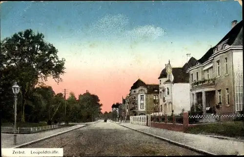 Ak Zerbst in Anhalt, Blick in die Leopoldstraße, Wohnhäuser, Straßenlaterne