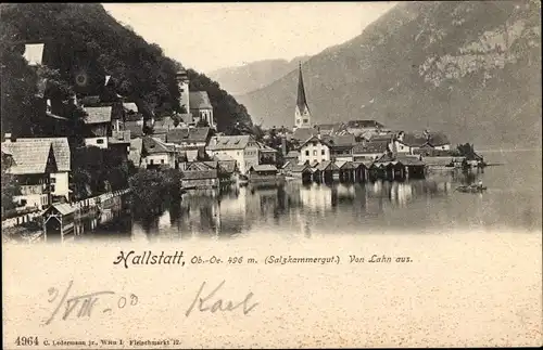 Ak Hallstatt im Salzkammergut Oberösterreich, Ort von Lahn aus gesehen