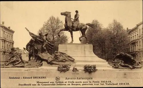 Ak Anvers Antwerpen Flandern, Monument aux Soldats et Civils morts pour la Patrie 1914-1918