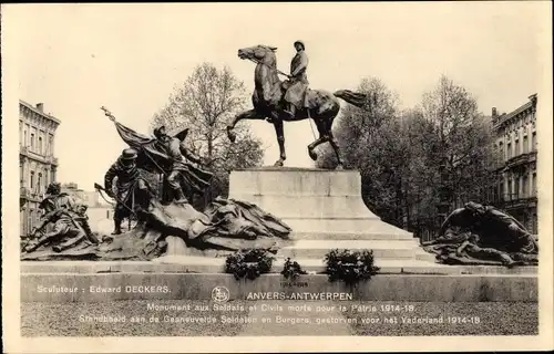 Ak Anvers Antwerpen Flandern, Monument aux Soldats et Civils morts pour la Patrie 1914-1918