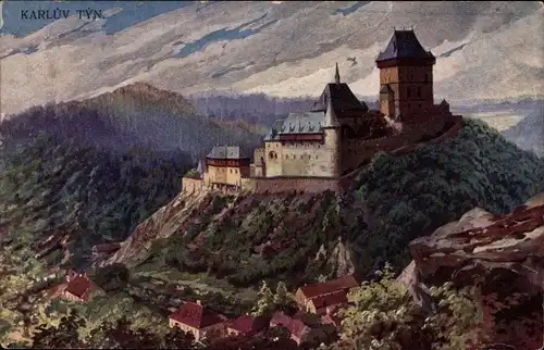 Künstler Ak Karlštejn Karlstein Mittelböhmen, Karluv Tyn, Burg Karlštejn und Umgebung